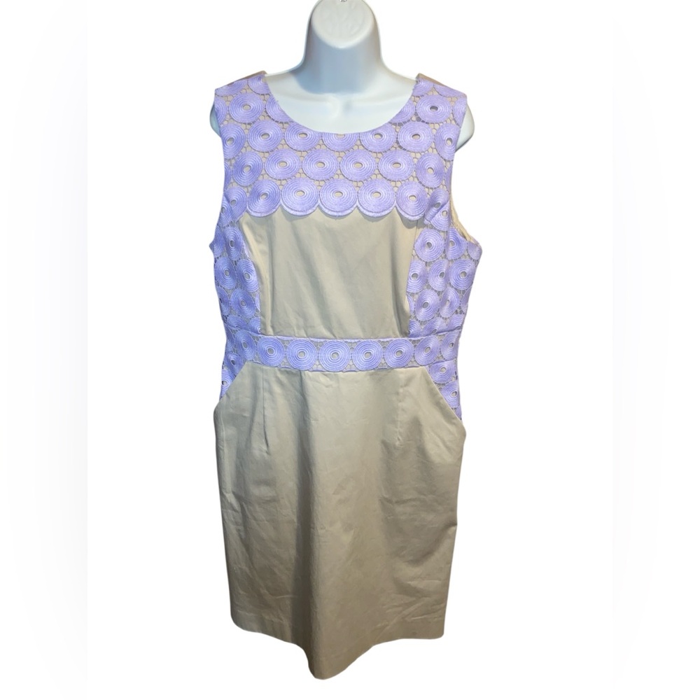 Antonio Melani Lavender Crochet Khaki Sleeveless shift Sheath dress Size 14 $149